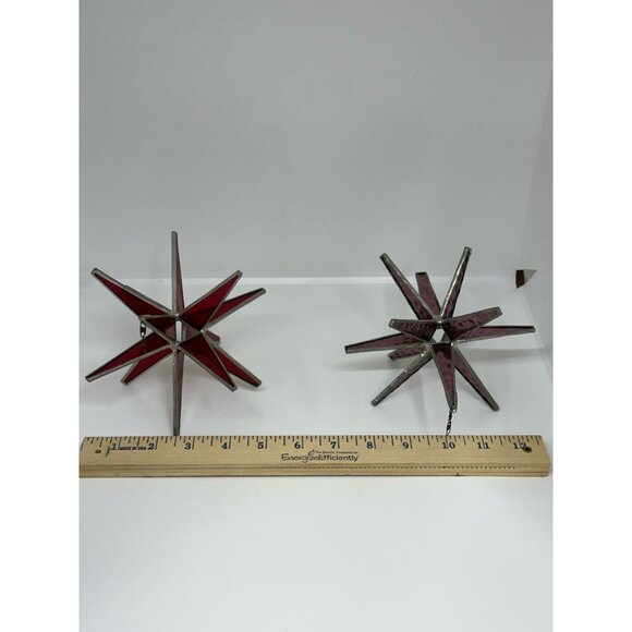 Set of 2 Red Moravian Star Ornaments – 3D Stained Glass Hanging Stars 5"x4.5" - Picture 4 of 10